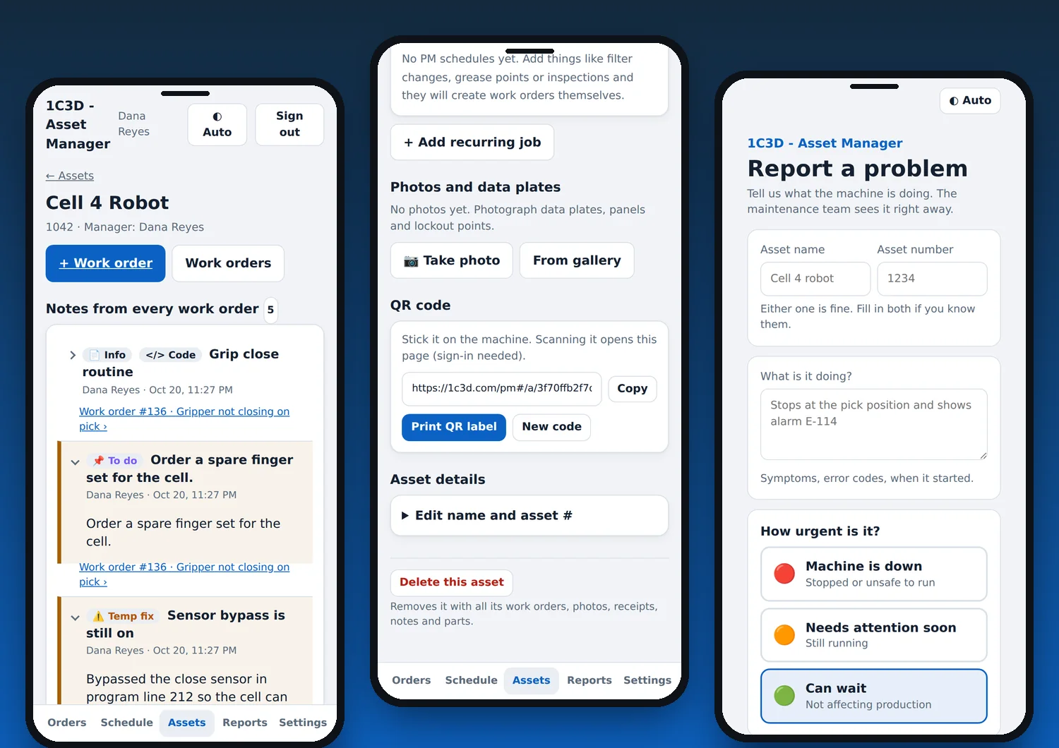 Asset page with notes from every work order, a QR label, and the report a problem page