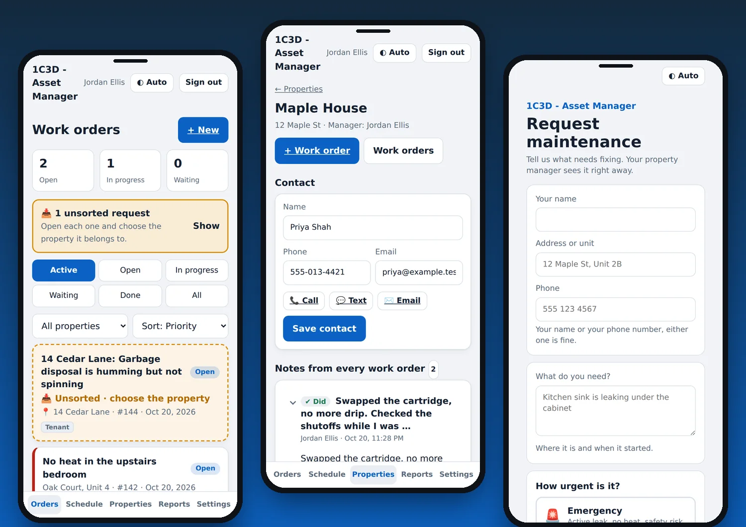 Property mode: work orders with an unsorted request, a property page with contact info and notes, and the request maintenance page